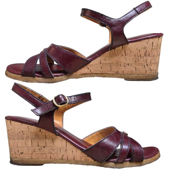 Aigner Brown Oxblood Leather Cork Wedge Vintage Strappy Sandals Shoes 7 B - Picture 1 of 7